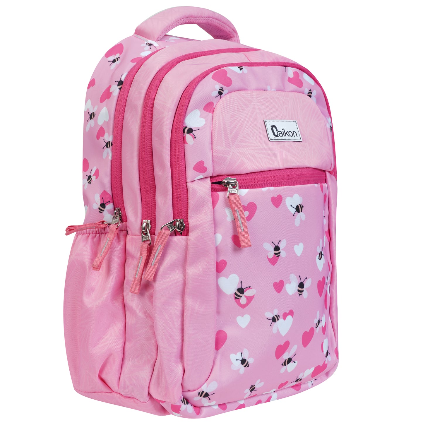 Daikon Dripix Girls School Backpack, Pink, Bee and Heart Print, 49 x 34 x 27 cm, with Side Bottle Pocket