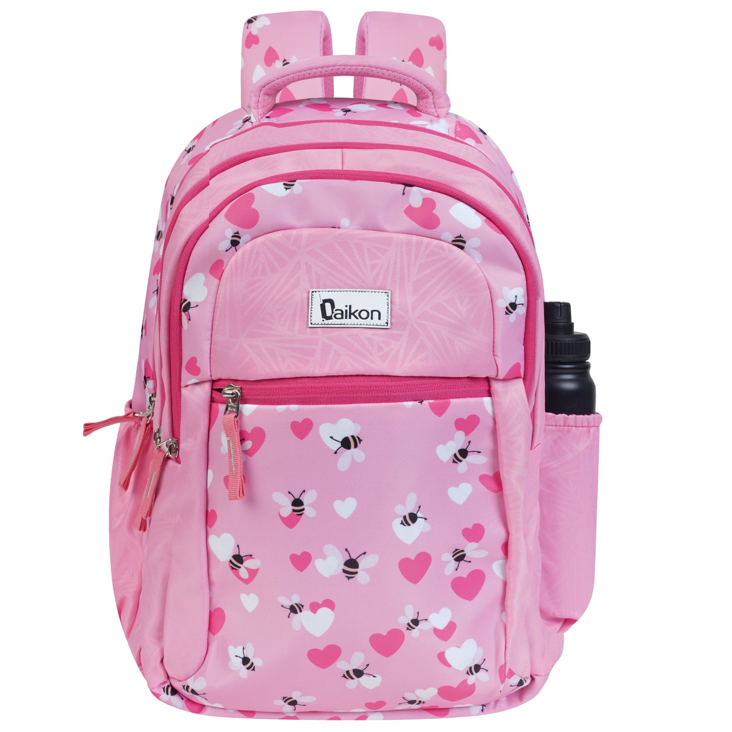 Daikon Dripix Girls School Backpack, Pink, Bee and Heart Print, 49 x 34 x 27 cm, with Side Bottle Pocket