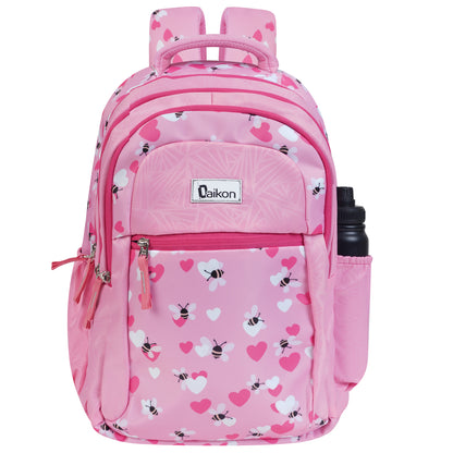 Daikon Dripix Girls School Backpack, Pink, Bee and Heart Print, 49 x 34 x 27 cm, with Side Bottle Pocket