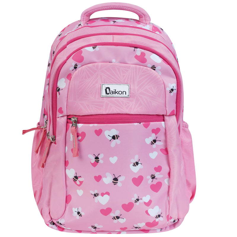Daikon Dripix Girls School Backpack, Pink, Bee and Heart Print, 49 x 34 x 27 cm, with Side Bottle Pocket