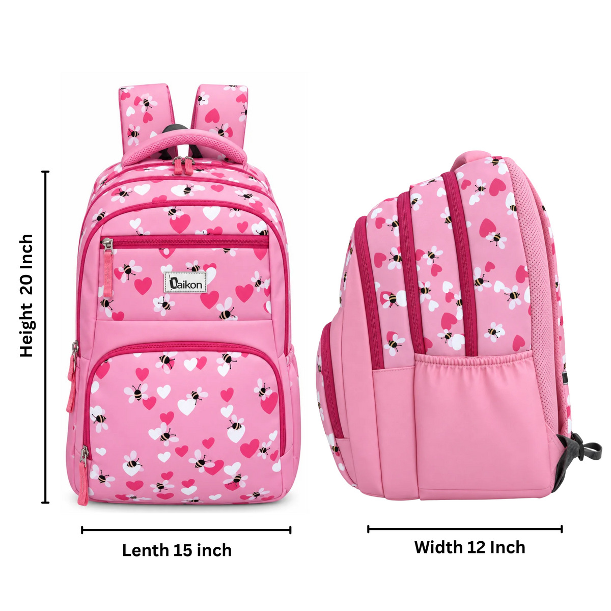 Daikon Girls School Backpack, Pink Bee & Heart Print,