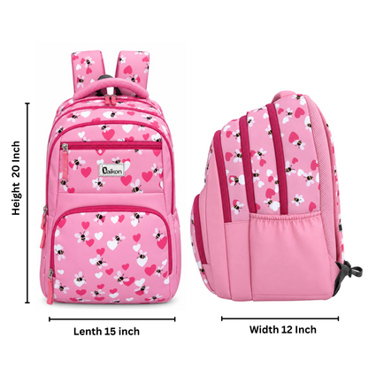 Daikon Girls School Backpack, Pink Bee & Heart Print,