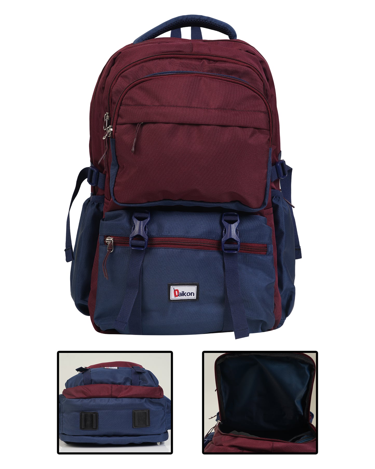 Daikon Large Backpack, Maroon and Navy Blue, Multi-Compartment, 48 x 35 x 24 cm, Travel and College Bag and School Bag