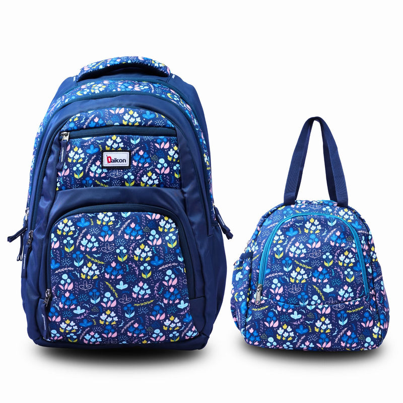 Daikon Floral Backpack with Lunch Bag Combo, Navy Blue, Multi-Compartment School Bag Set for Girls and BoysCollege Backpack for Men and Women | Rain Cover | Blue 1 Year  Warranty