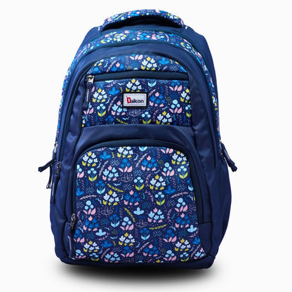 Daikon Floral Print Backpack, Navy Blue, Multi-Compartment, School and Travel Bag. With Rain Cover