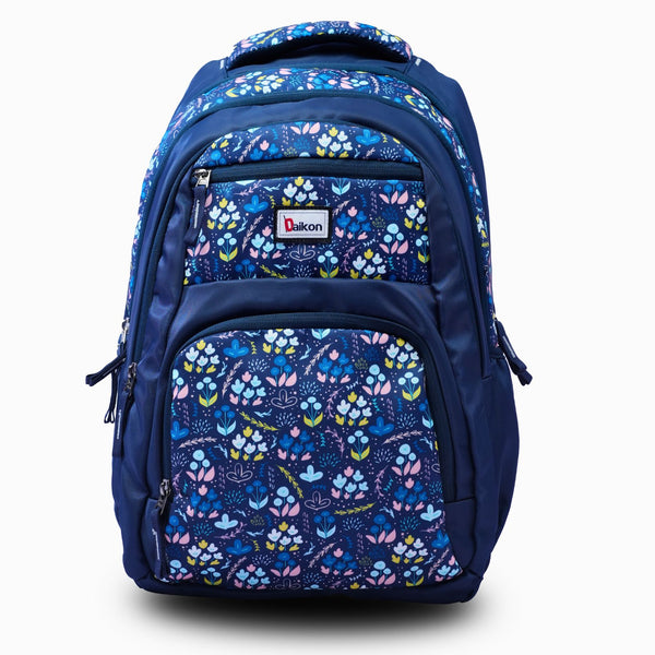 Daikon Floral Print Backpack, Navy Blue, Multi-Compartment, School and Travel Bag. With Rain Cover