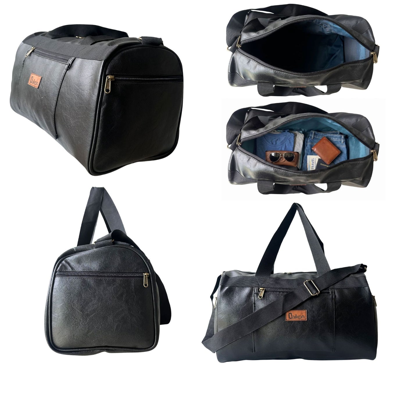 Daikon Black PU Leather Duffle Bag, Gym Bag