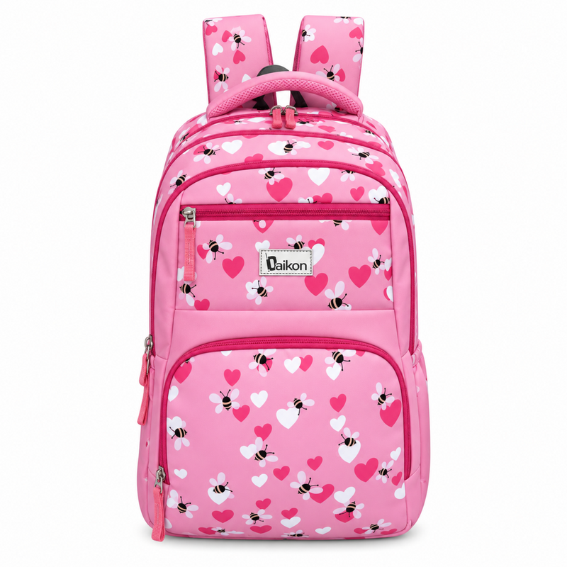 Daikon Girls School Backpack, Pink Bee & Heart Print,