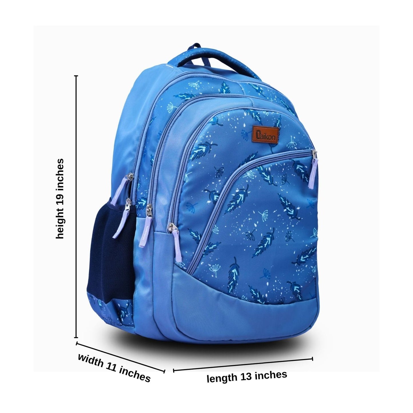 Daikon MELVIO Blue Feather Print Backpack, 19x13x11 Inches, School & Travel Bag with Multiple Compartments
