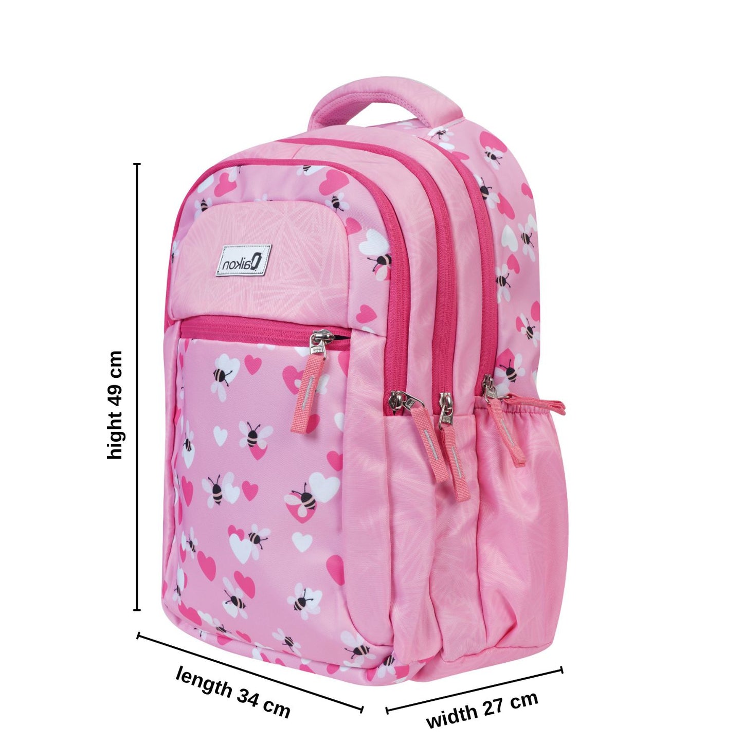 Daikon Dripix Girls School Backpack, Pink, Bee and Heart Print, 49 x 34 x 27 cm, with Side Bottle Pocket