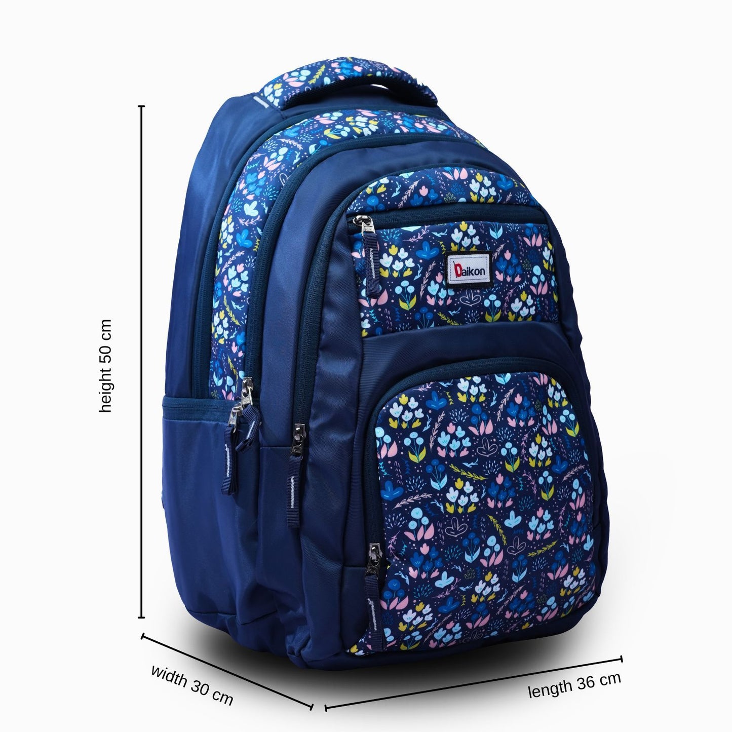 Daikon Floral Print Backpack, Navy Blue, Multi-Compartment, School and Travel Bag. With Rain Cover