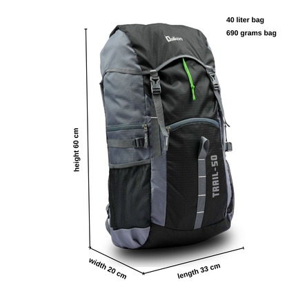 Daikon Trail-50 Hiking Backpack, Black and Grey And green  40 Litres, 690 , gLength 33 cm&nbsp; x Width 20 cm x Height 60 cm